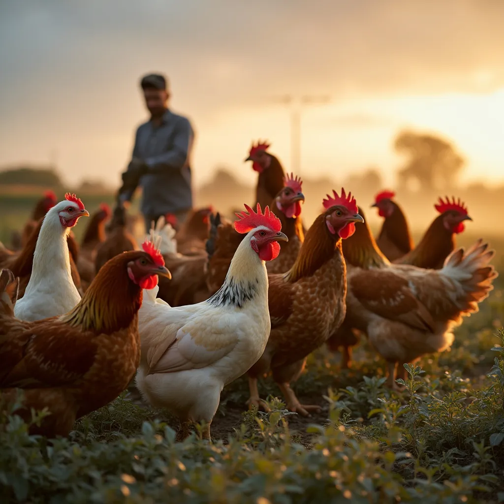 Team of chicken trainers working together in field