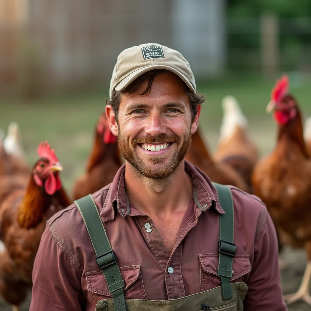 Farmer with trained chickens